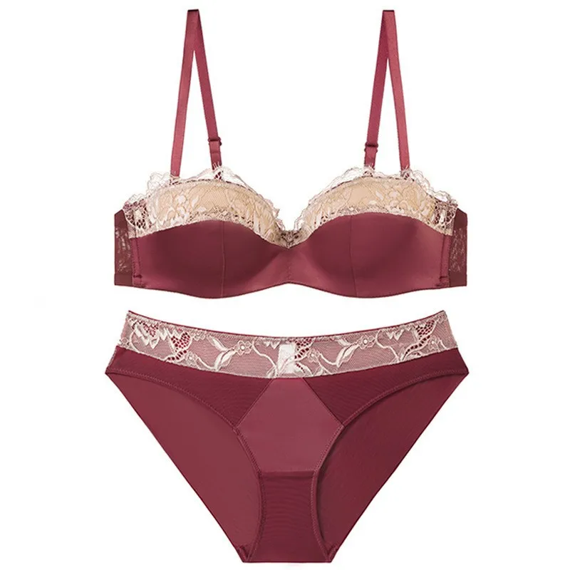 

European , American Sexy Lace Underwear Thin Half Cup Smooth Seamless French Underwear Small Breasts Show Big Gathering Bra Set