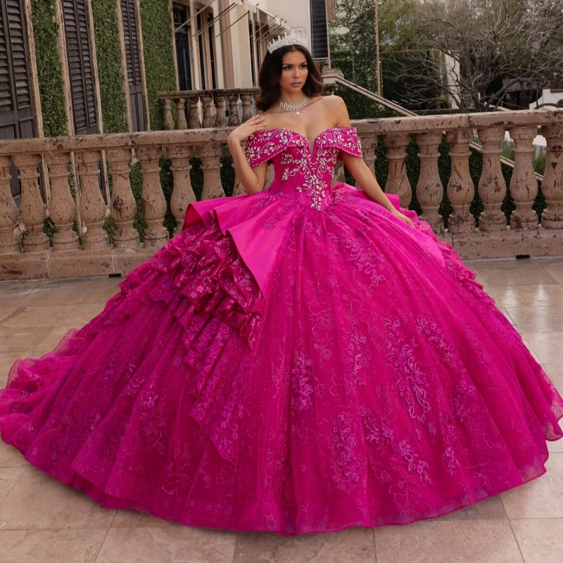 

Розово-красное платье Quinceanera, бальное платье с открытыми плечами, аппликация, кружево, бисер, кристалл, многоуровневое тюлевое платье Sweet 16, Vestidos 15