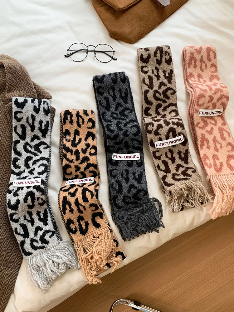 Retro Coffee Color Leopard Print Tassel Scarf Long Narrow Knitted Winter Fashion Decorative Neck Warmer for Trendy Girls