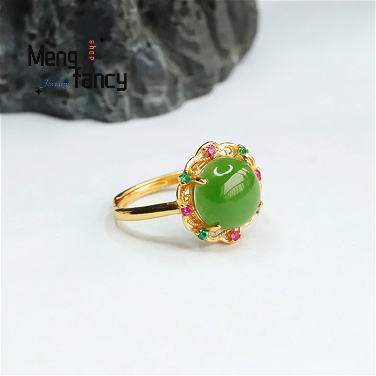 Natural S925 Silver Inlaid Hetian Jasper Spinach Green Flower Ring Charm Elegant Personalized Fashion Versatile Exquisit Jewelry