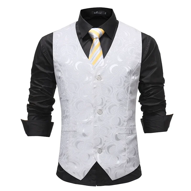 

Mens White Rose Jacquard Suit Vest Gilet Homme NEW Brand Slim Fit Business Formal Dress Vest Waistcoat Male Party Tuxedo Vests