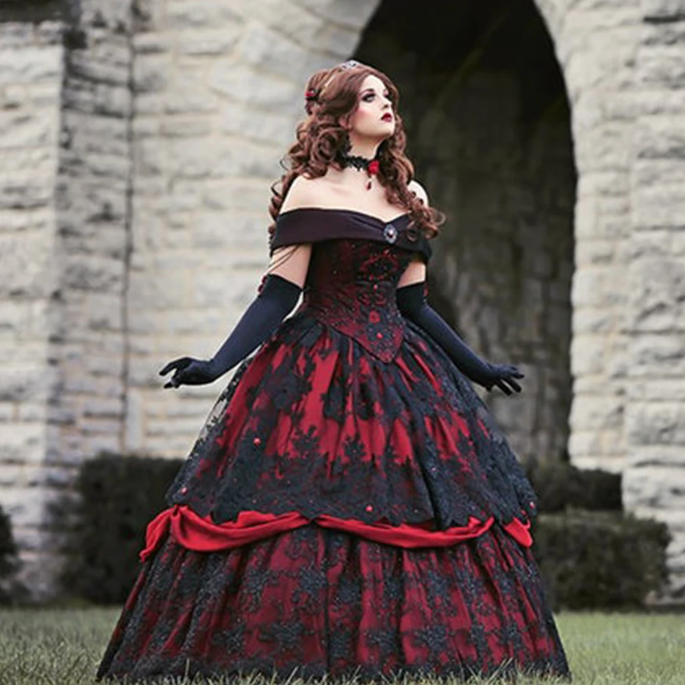 Gothic Medieval Schwarz Spitze Liner Burgund Abendkleid Sexy Off Schulter Frauen Formale Kleider A-line robe de soirée de mariage