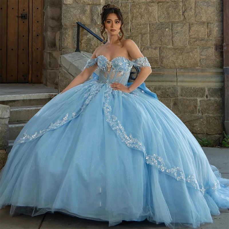 

High Quality Quinceneara Dress Bead Organza With Embroidery Ballgown Sleeveless V-Neck Customized Formal Party Bow Vestido De No