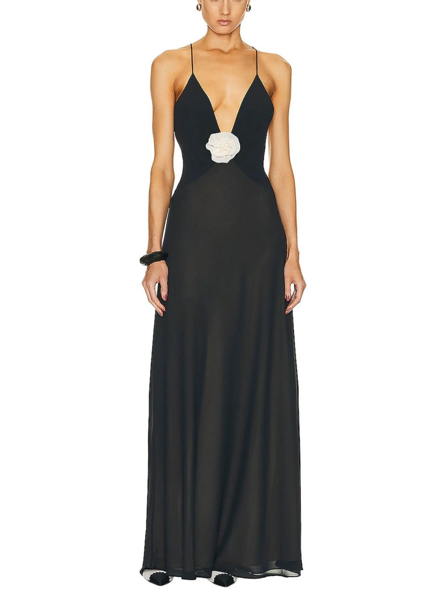 

Elegant Lace Embroidered Evening Gown with Plunging Neckline and Open Back - Sophisticated Floor-Length Dress for Special