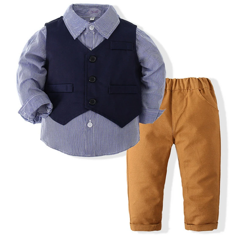 

3Piece Set Spring Autumn Korean Fashion Newborn Boy Clothes Gentleman Suit Vest+Plaid Tops+Pants Baby Boutique Clothing BC1060