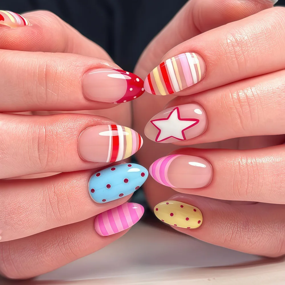 24PCS Macaron Colored Contrasting Press on Nails with Striped Polka-dot Star French-style Fake Nails Short Almond Sweet Manicure