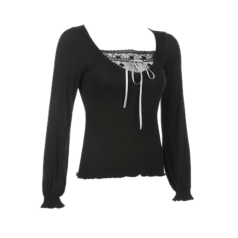 Camiseta informal de manga larga para mujer, jersey ajustado, Tops negros de manga larga con escote redondo, dobladillo de encaje, Tess Sexy ajustado para mujer