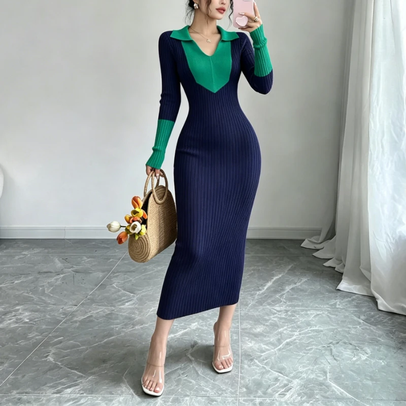 Damen Maxi-Kleid mit Block-Polokragen, elastischem Rippstrick, langen Ärmeln, figurbetontem Pullover-Look, schlankes, elegantes Party-Outfit – Detail 6