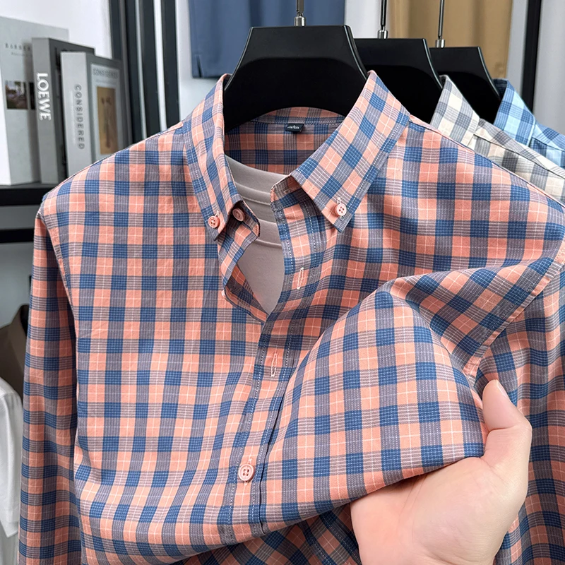 

Men's High-End Light Luxury 2026 Spring Plaid Shirt, Breathable Cotton Top, Korean Style Business Casual Wear for Men