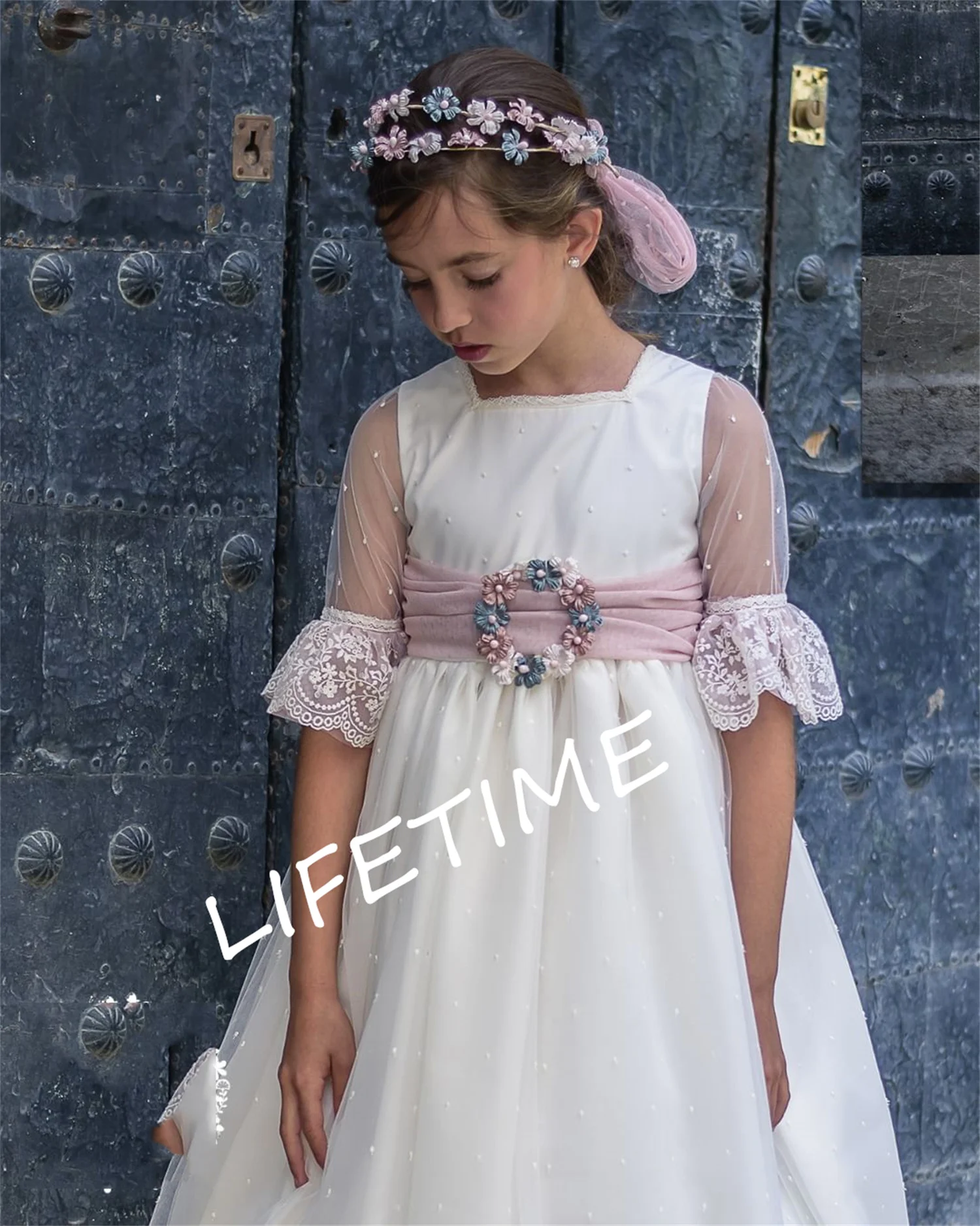 Flower Girl Long Dresses for Wedding Floral Lace Tulle Floor Length Maxi Kids Bridesmaid Even Ball Gowns Wed Guest