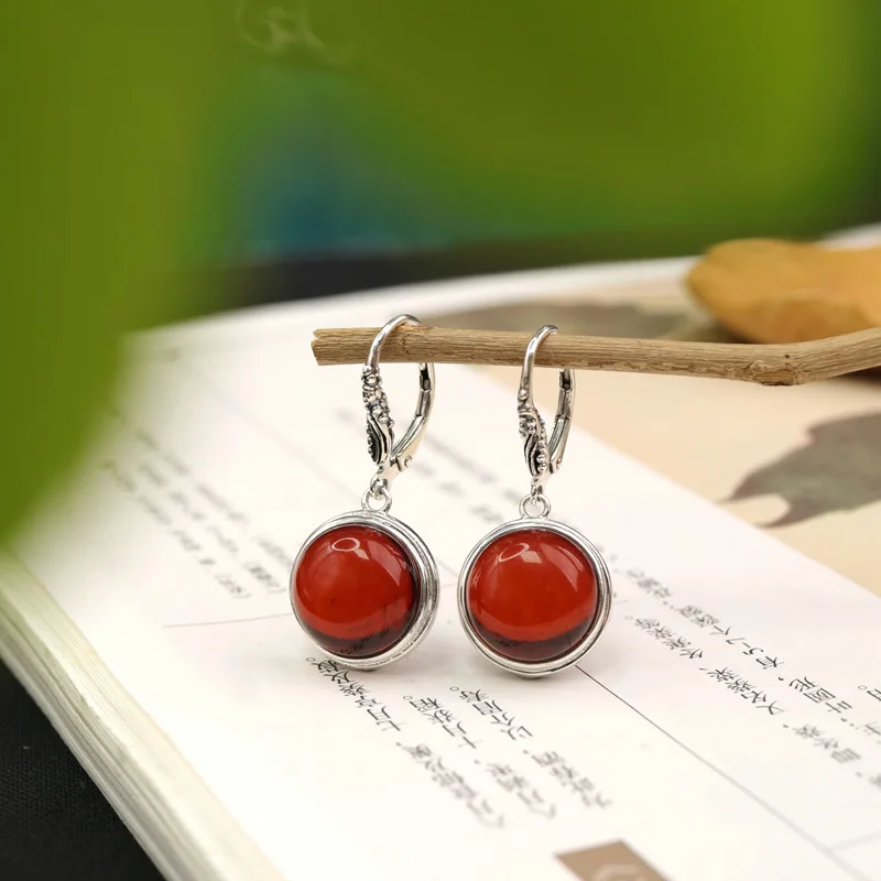 

S925 Silver Women Round Natural Drop Earrings Flower Blood Amber Ear Clips