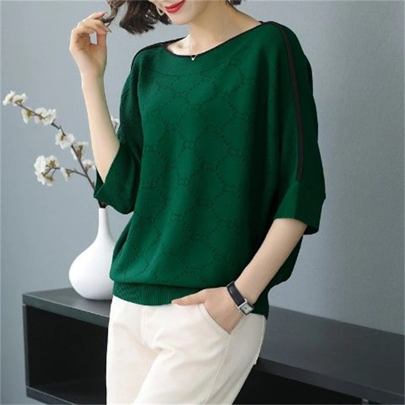 Women's Korean Fashion Contrast Color Hollow Elegant Knitwear Spring Autumn Casual Loose 3/4 Sleeve Pullover Tops Ropa De Mujer