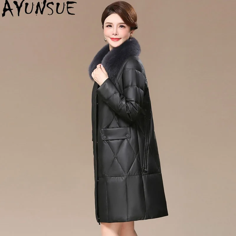 AYUNSUE Piumino in vera pelle Donna Abiti invernali 2025 Cappotto di pelle di pecora di media lunghezza per donna Collo di pelliccia di volpe Jaqueta Couro