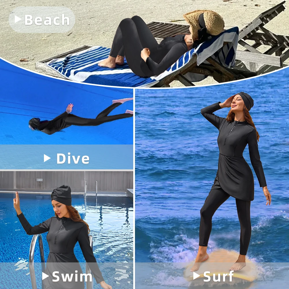 New Burkini Femmes Muslim Swimwear Women Modest Hijab Long Sleeves Sport Swimsuit Islamic Bathing Suit, Quick Drying, UPF50+ image 5