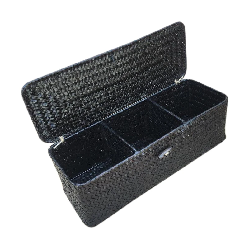 

HOT-3 Compartment Storage Box Wicker Rattan Basket With Cover Sundries Holder Case Container Desktop Organizer