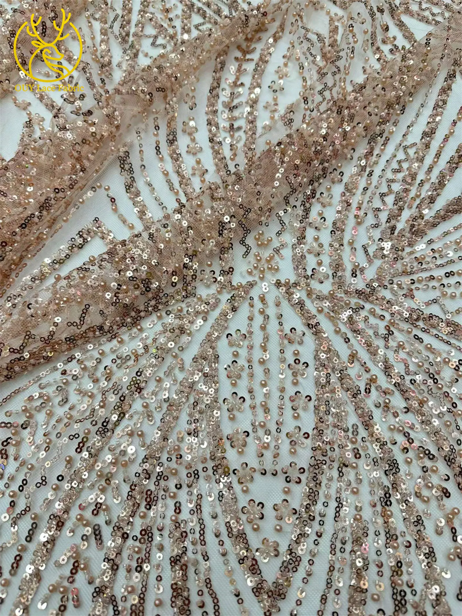 Exquisiter bunter afrikanischer Perlen-Mesh-Spitzenstoff, 5 Yards, hochwertiger französischer Tüll-Spitzenstoff zum Nähen von Brautkleidern – Detail 7