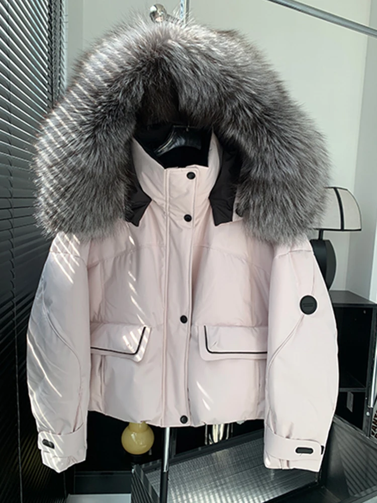 Piumini invernali caldi in vera oca Cappotto con collo in pelliccia di volpe naturale con cappuccio Piumini per esterni Cappotti femminili spessi da donna