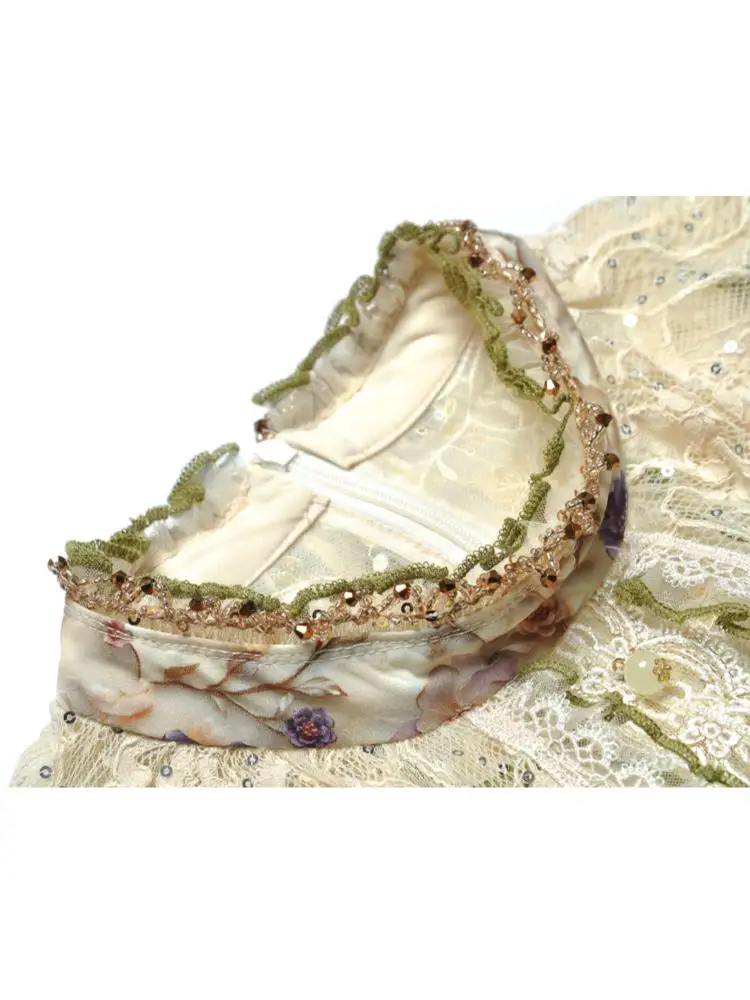 Langes Damenkleid 2025, Frühling, Perlenstickerei, Stehkragen, Pailletten, Spitzennähte, Jacquard, bedruckt, Blumenmuster, Damen-X-Langkleider