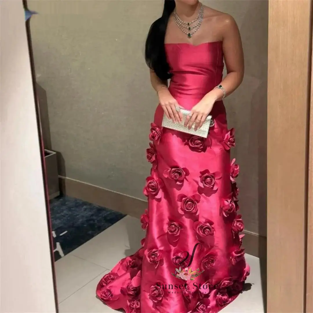 Customized   Made Elegant Party Dresses Woman Wedding Dress Tube Top 3D Flowers Women Evening Dress Satin Ground Length Prom2025