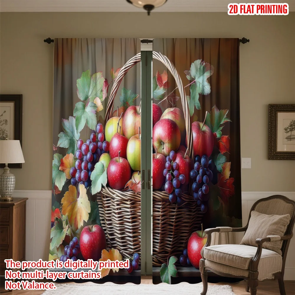 

2D flat printing 2pcs Window Curtains Autumn Harvest Basket Digital Printed Polyester Drapes Holiday Decorations for Bedroom