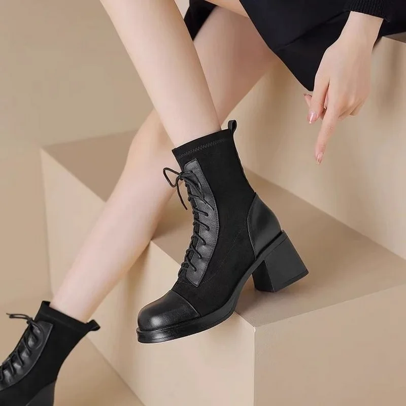 Winter & Autumn Thick-Soled Women & Girls Snow Boots Female Chunky Heel Soft Leather Shoes Size 35-40