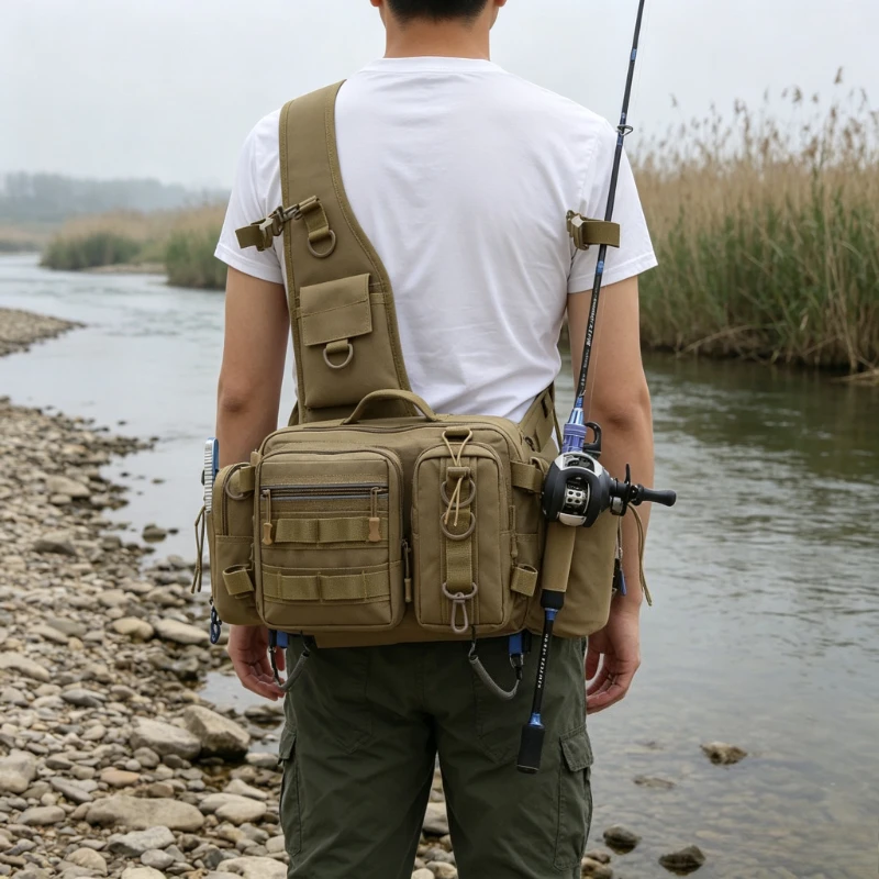Tactical Lure Fishing Bag Waist Crossbody Backpack Large Capacity RodTackle Carrier DurableScratch Resistant Outdoor Sports Camo
