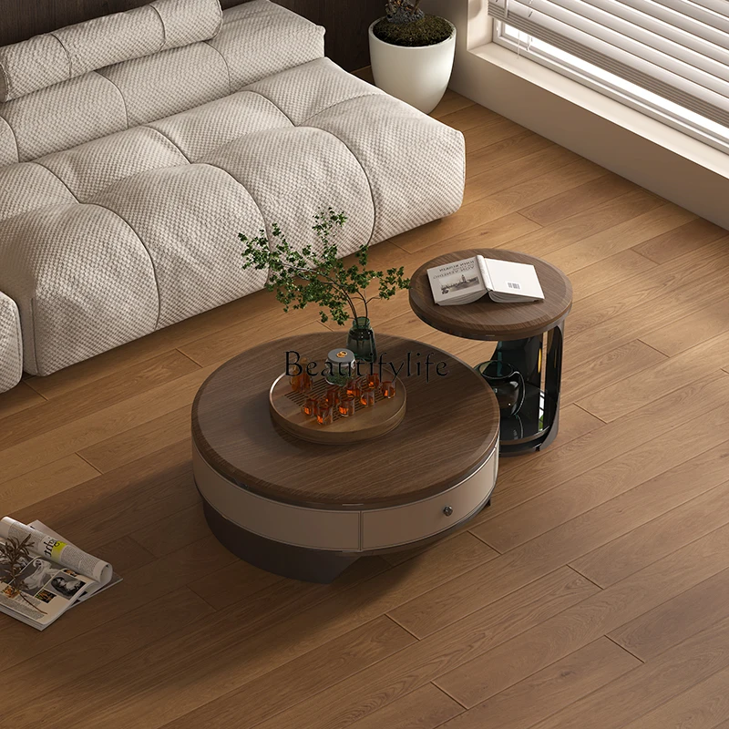 

Italian light luxury coffee table solid wood minimalist new Chinese round large flat layer North American black walnut tea table