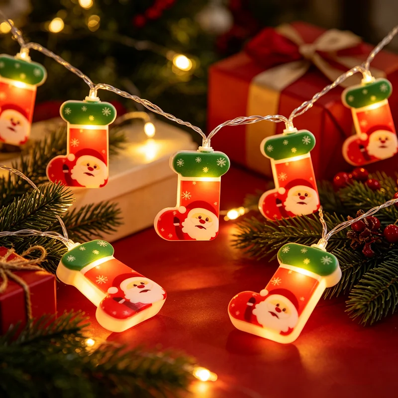 Christmas Santa Stocking LED String Lights, Battery Operated Warm White Fairy Lights, Cute Xmas Sock Santa Pattern Hanging Light