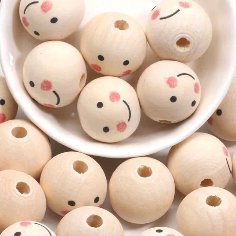 5/10/20PCS Smile Shy Pattern Light Color Wood Bead Fashion DIY Bracelet Necklace Pendant Decorative Bead 12mm 20mm 25mm