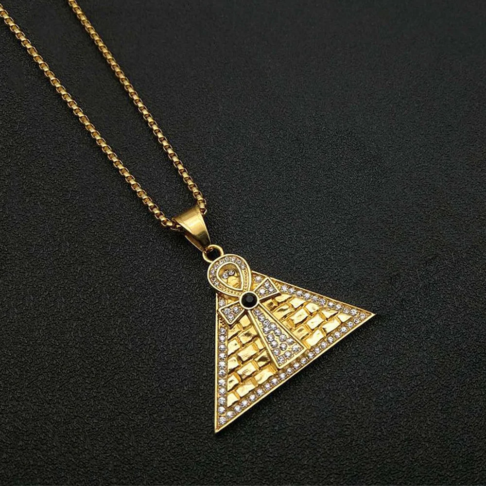 Egyptian Iced Out Bling Pyramid Ankh Cross Pendant Gold Color Stainless Steel Symbol Charm Necklace for Men Egypt Jewelry Gift