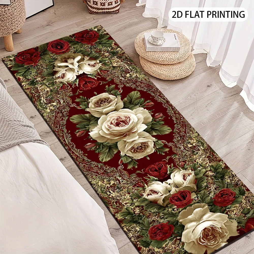 Dark Red Vintage White Red Rose Runner Mat Anti Slip Ornate Lace Floral Retro Print Carpet for Kitchen Hall Bathroom Room
