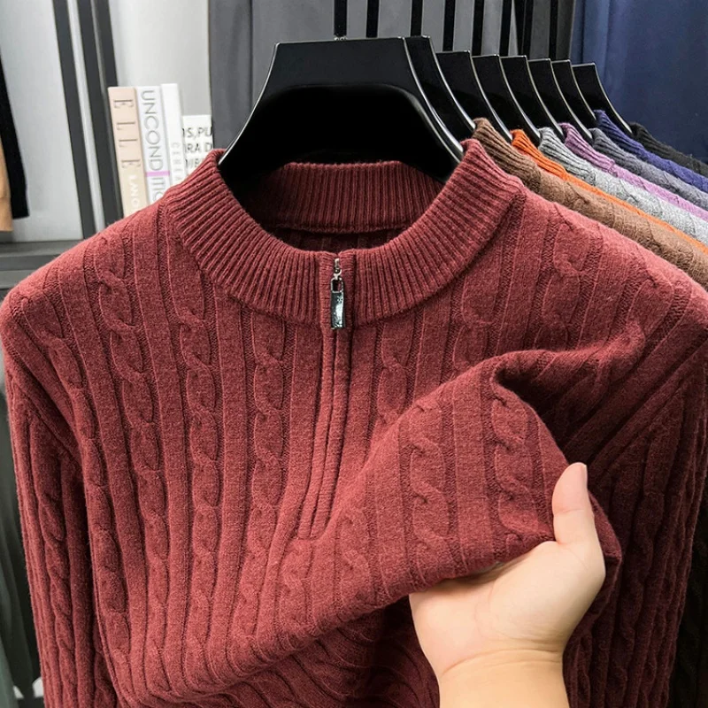 Luxury half zipper knitted sweater fashion comfort warm wool men's autumn winter solid color jacquard half high collar pullover