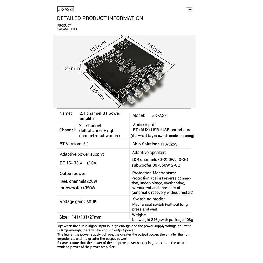 ZK-AS21 2.1 Channel Bluetooth Subwoofer Amplifier Board 220W*2+350W Stereo Audio Power Amplifier Board Bass AMP Module TPA3255