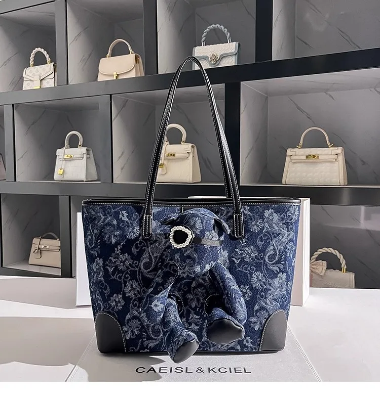 

Fashion Embroidery Denim Bucket Bag Large Capacity Casual Tote Bag Floral Pattern Shoulder Bag High Quality Women Handbag