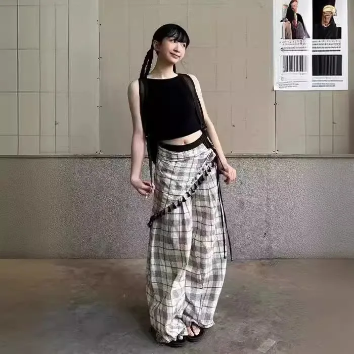 

Spice Girls Plaid Exposed Waist Tie Breasted Top Women High Waisted Loose Wide Leg Casual Pants Two Piece Set