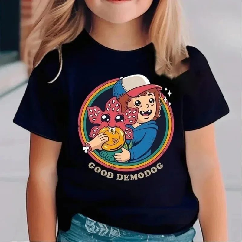 Kinder-T-Shirt im Stranger-Stil für Jungen und Mädchen, Retro-Cartoon-Druck, kurzärmeliges Oberteil, „Good Demodog“-Grafik-T-Shirt, Sommer-Baumwollkleidung – Detail 3