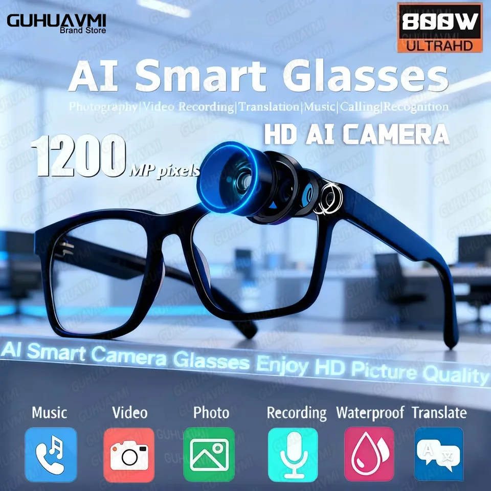 

2025New 8K AI Smart Glasses Multifunctional Camera Bluetooth Call Voice Assistant Music Player Translate Photochromic HD Glasses