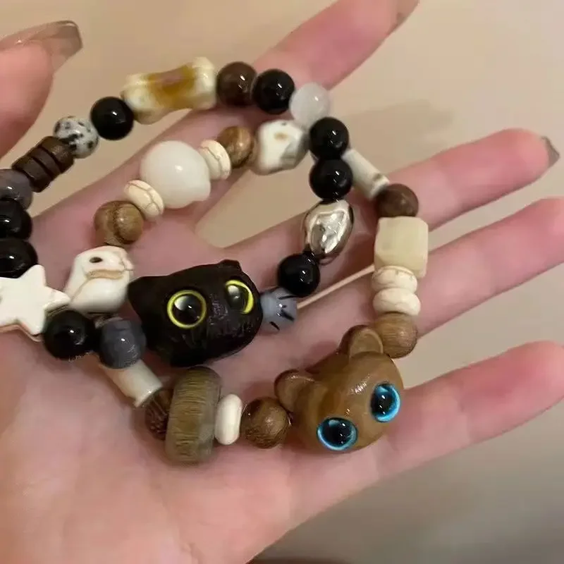 Anime cute handmade beaded kitten wooden bracelet