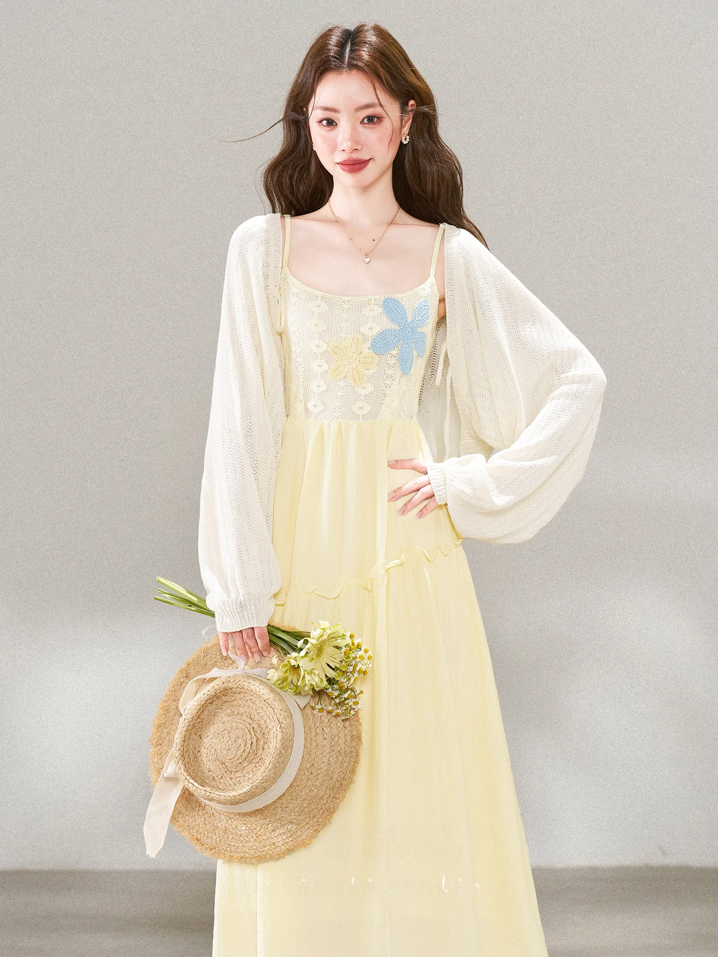 

Summer New Soft Style Yellow Cake Long Dress Set Women's Light Beige Cardigan And Yellow Strap Dress Two-Piece Sweet Style Hi...