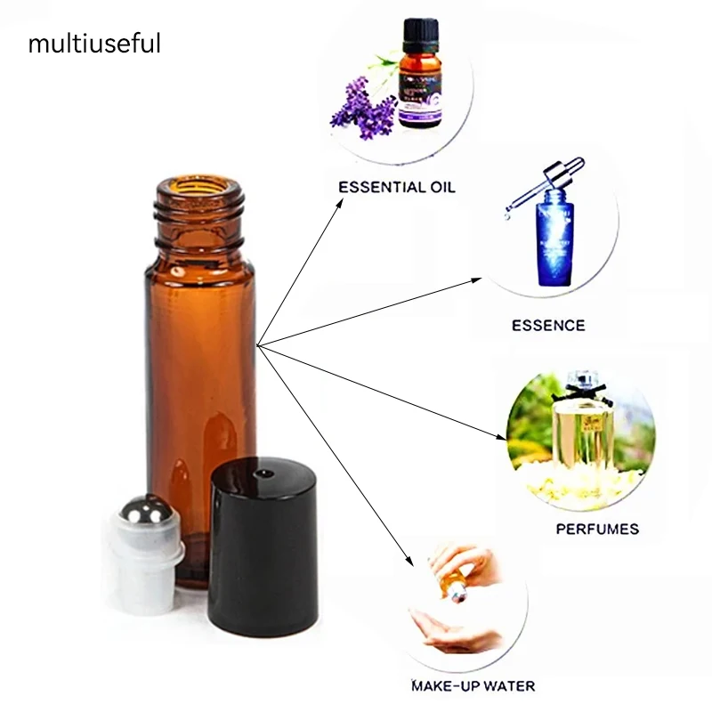 24pack 10ml Empty Amber Thick Roll On Glass Bottles with Stainless Steel Roller Ball For Essential Oil Refillable Bottles Travel