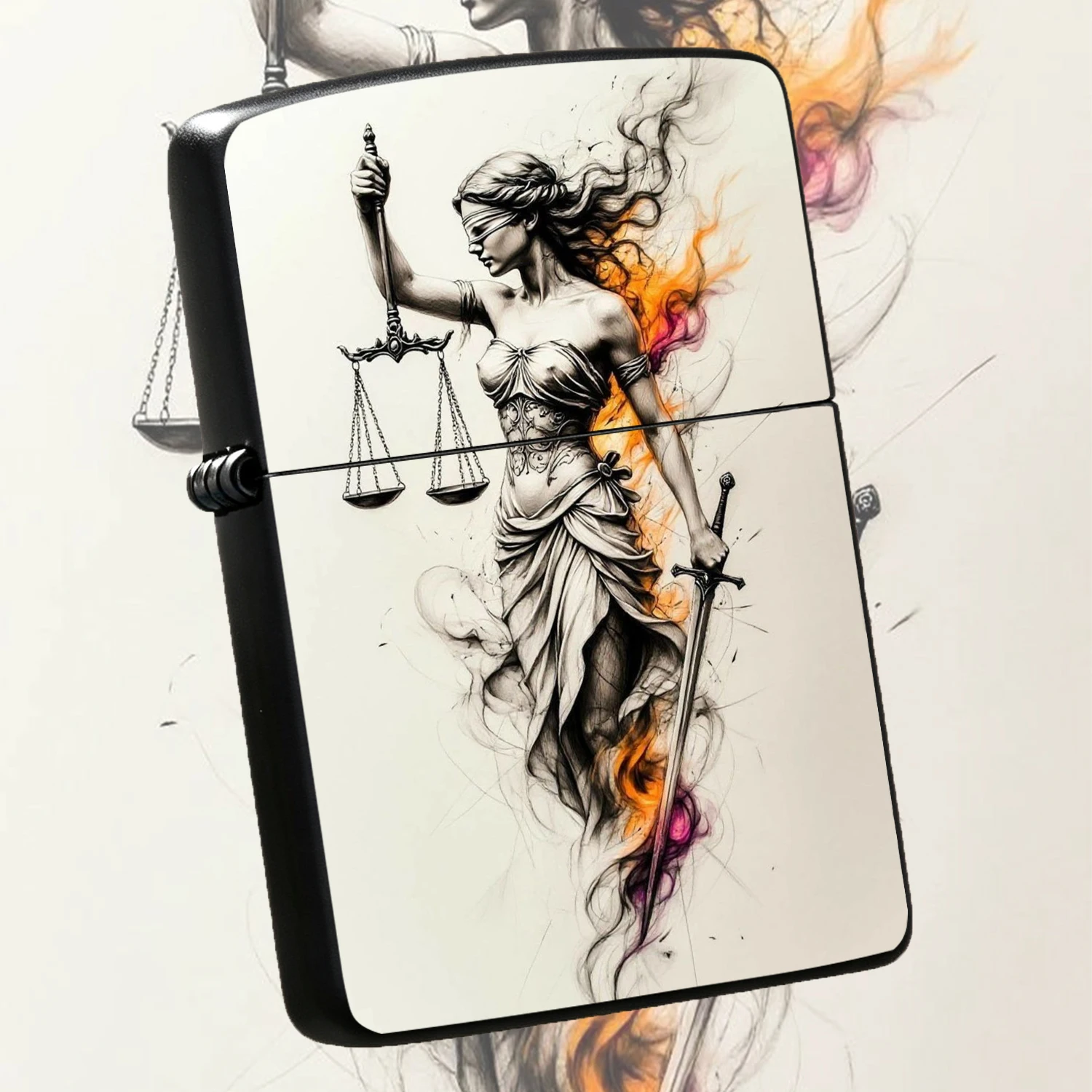 Themed Windproof With Themis Art Print, Monochrome Sketch Design With Warm Flame Tint Rendering, Durable Full Sturdy Body, Portable Pocket For Daily Ignition, Unique Collectible Gift For Law Enthusiasts, Men, Art Lovers For Daily Use Giftin