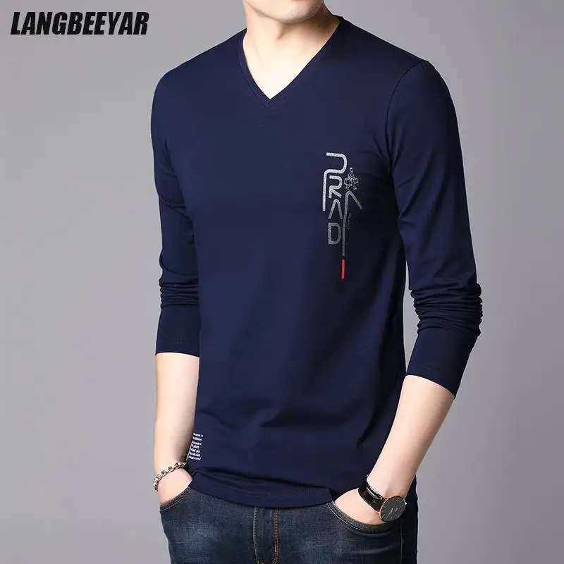 95% Cotton Top Quality Designer New Brand V Neck Mens t Shirts Fashion 2023 Trending Urban Long Sleeve Tops Casual Men Clothes