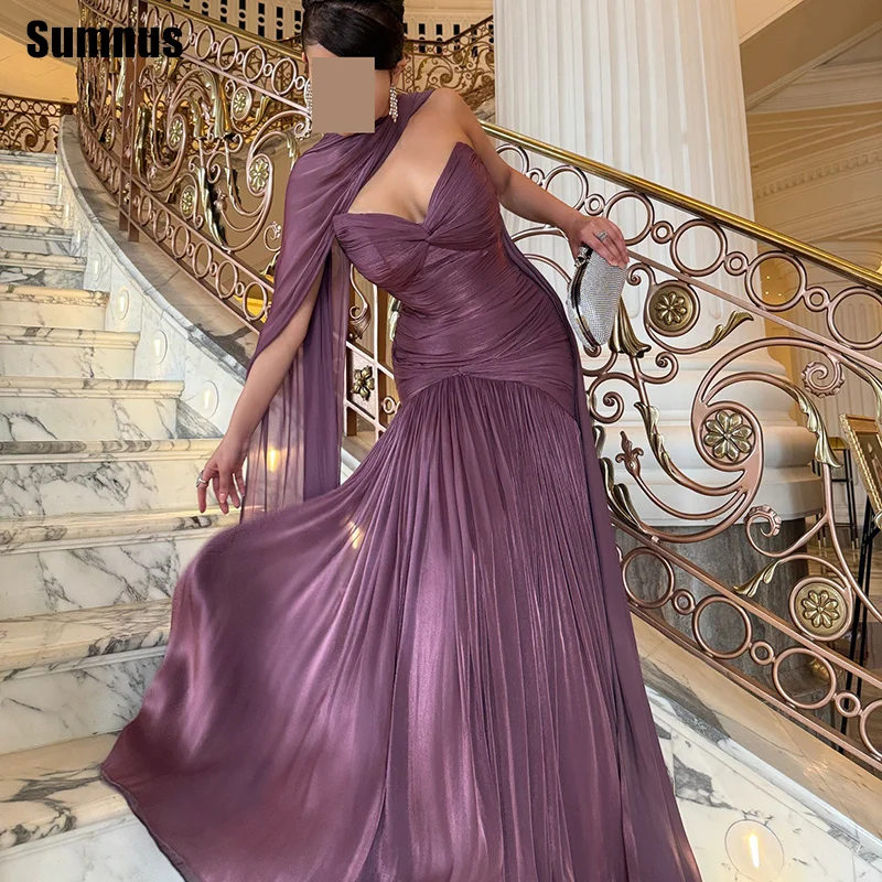 

Sumnus Charming A-Line Evening Dresses Purple Sweetheart Pleats Draped Maxi Prom Dresses With Cape 2026 Party Dress Customized