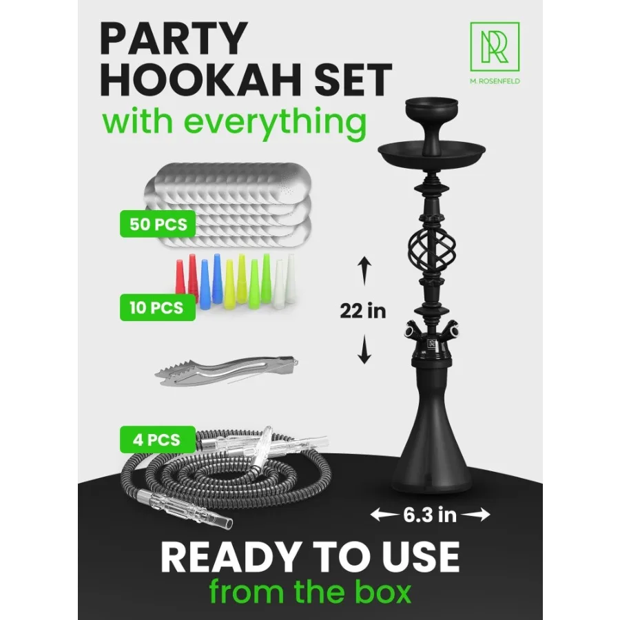 

Hookah Set With Everything 4 Hose Black Hookah Set with 50x Foil Big Silicone Bowl 10x Tips 4x Mouthpiece 4x Hookah Hose Tongs