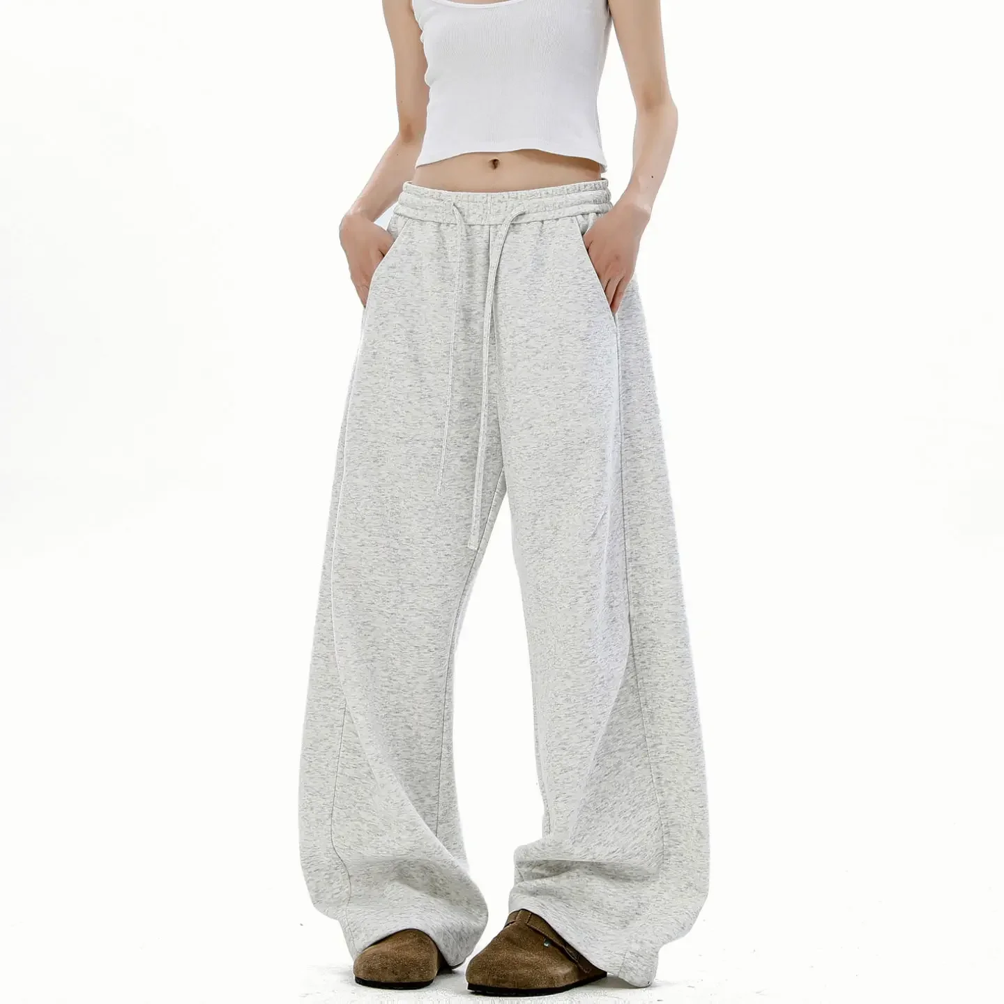 

Retro Pleated Drawstring Elastic Sports Sweatpants, Loose And Versatile Wide Leg Casual Pants
