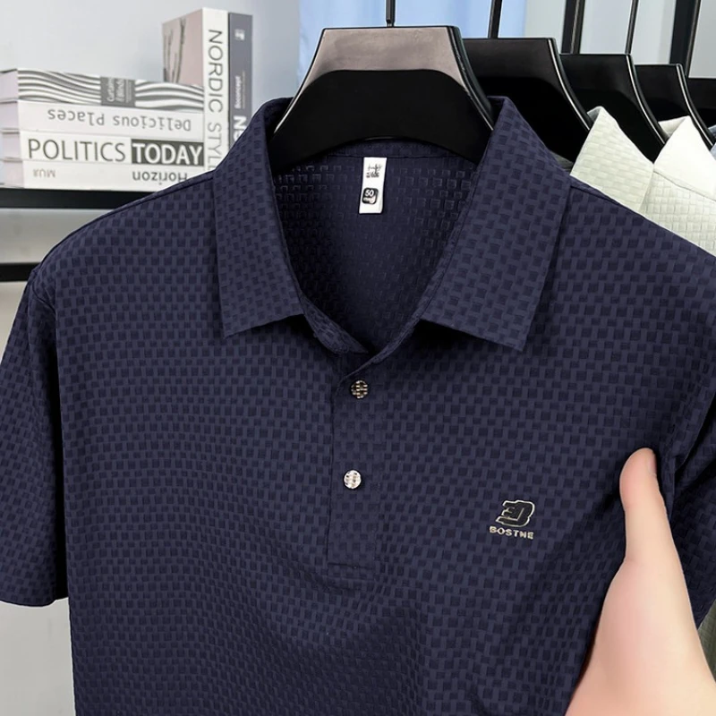 Men‘s UV 50+ & 10A Antibacterial Polo Shirt Instant Cooling 185g Seamless Embossed Grid Fabric Quick-Dry Casual Short Sleeve Top