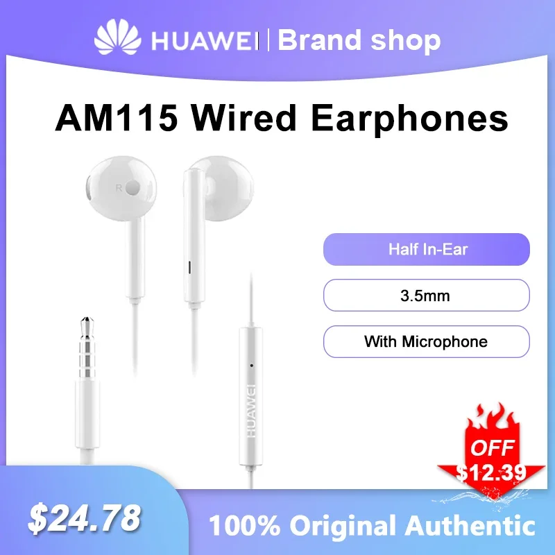 

Original Huawei AM115 Wired Earphones 3.5mm Half In-Ear Sports Headphone With Built-in Microphone Stereo Computer PC Headset