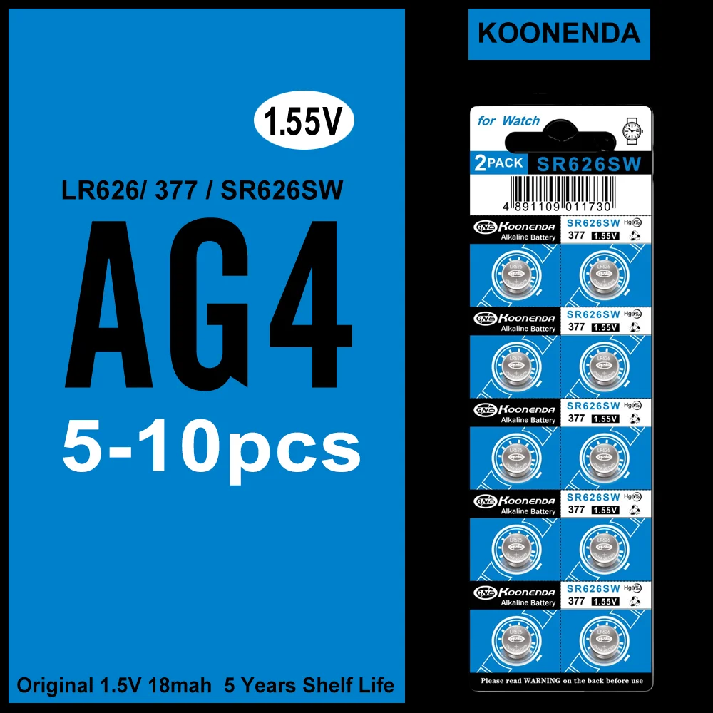 5-10 Uds AG4 LR626 1,55 V batería de botón alcalina, 377 SR626SW 626A, adecuada para relojes, juguetes, relojes y dispositivos electrónicos