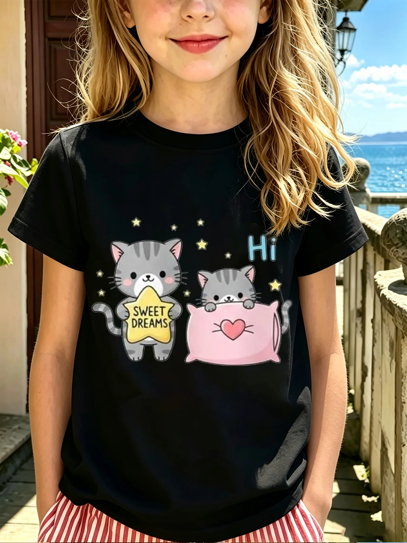 Sweet Dreams Kittens Kids Tee Star Pillow Cartoon Graphic Print Boys Girls Family Matching Cotton Short Sleeve Children Tshirt