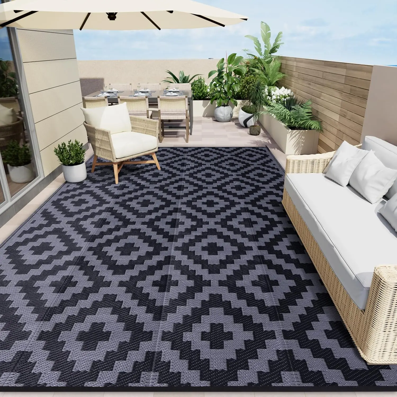Outdoor Rug 8x10 ft Waterproof Reversible Mat, Black & Grey